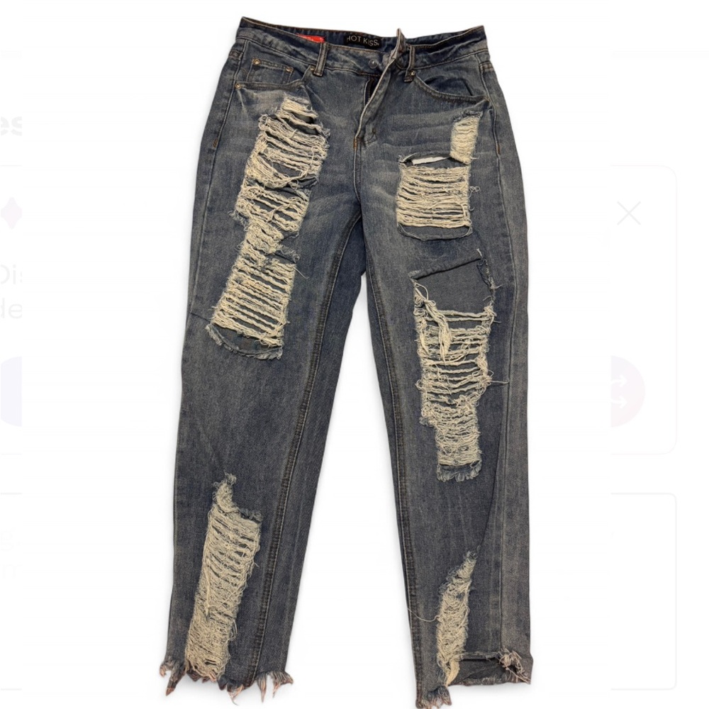Hot Kiss Blue Straight Leg Jeans with Distressed Details